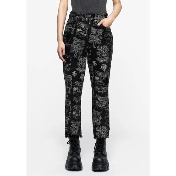 Disturbia Sz 28 Heresy Slim Straight All Over Print Black Jeans NWT Goth Magic - Picture 1 of 10